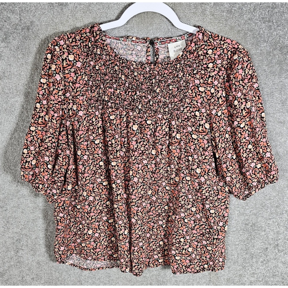 Knox Rose Top Womens XL Dark Floral‎ Short Puff Sleeve Smocked Keyhole Boho Crop